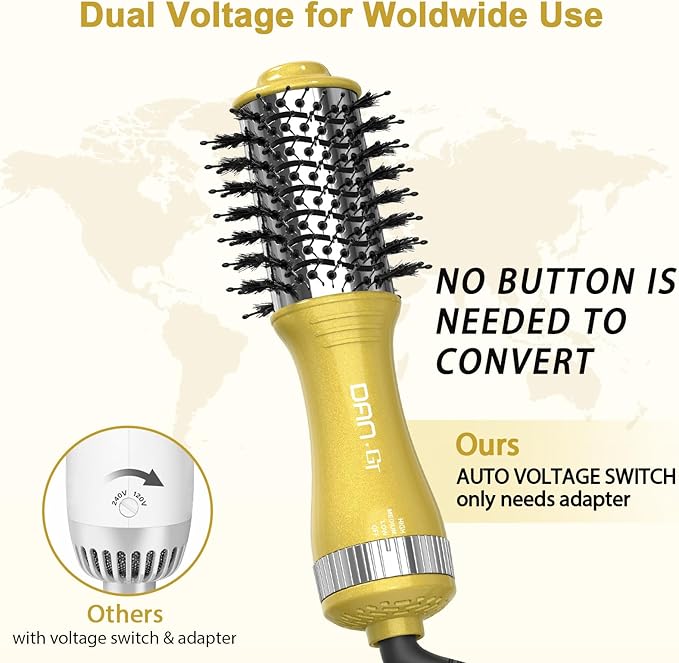 DAN Technology Dual Voltage Hair Dryer Brush Hot Air Brush, 2 inch Hair Blow Dryer Brush, Ionic Oval Barrel for Smooth