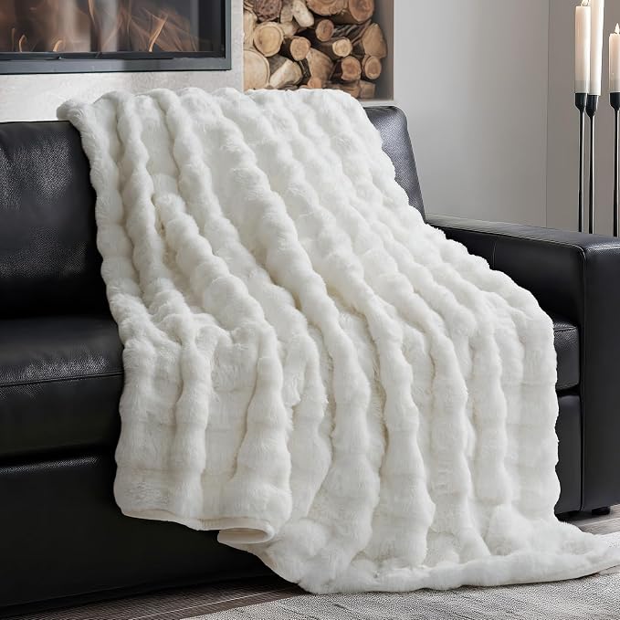 Faux Rabbit Fur Bubble Throw Blanket, 60"x80", Bright White | Ultra Soft, Luxury Faux Rabbit Fur Throw, Thick Warm Bubble Blanket, Cozy Fluffy Reversible, for Bed, Couch, Chair, Sofa