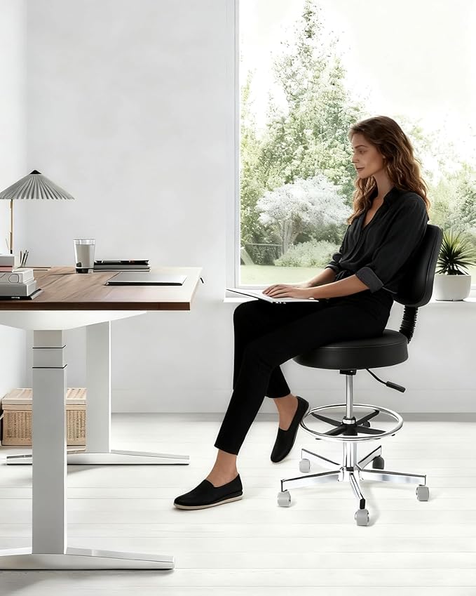 Rolling Stool with Wheels Swivel Stool with Back,Adjustable Heavy Duty Office Stool Multi-Purpose Office Desk Chair,for Guitar Tattoo Shop（Black）