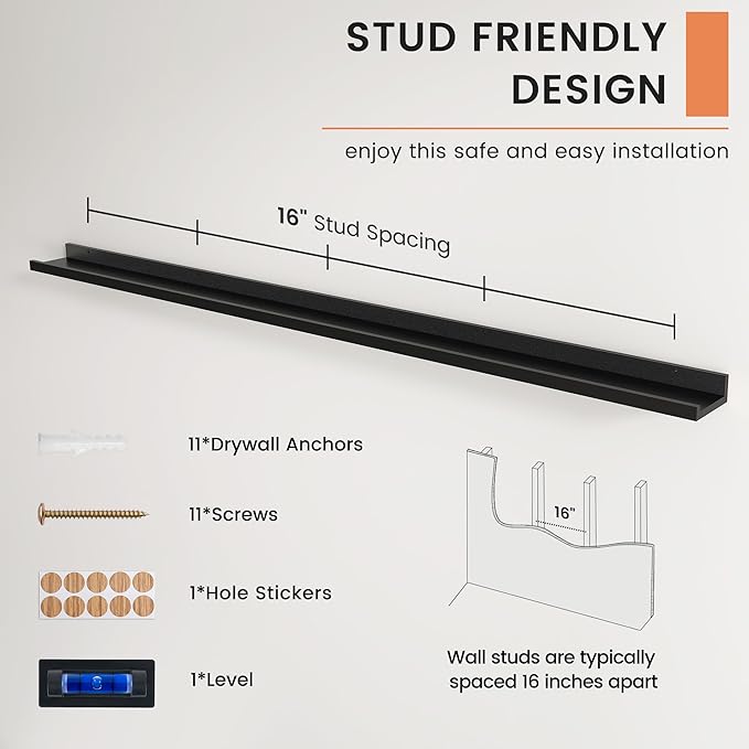 Picture Ledge Shelf, Long Floating Shelves for Wall, 72" W Set of 2, Black | FSC Certified Engineered Wood, Wall Mounted Bookshelf, for Nursery Living Room Bedroom, Easy Install