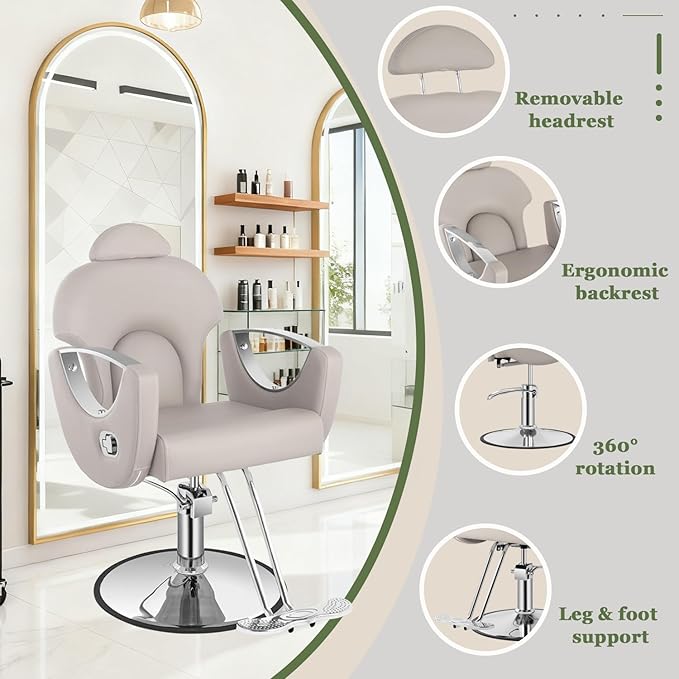 Reclining Salon Hair Chair, Barber Styling Chair for Hair Stylist, 360° Swivel Height Adjustable Hair Braiding Hairdresser Chairs, Beauty Spa Equipment for Barbershop, Gray Silver