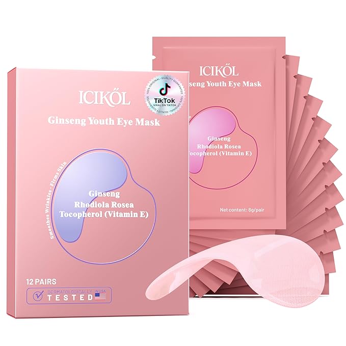 Ginseng Youth Under Eye Patches for Women - Smoothes Wrinkles & Firms Skin. Visibly Fades to Clear in 40 Mins, Fully Absorbed in 3Hrs. Pink, 12 Pairs.