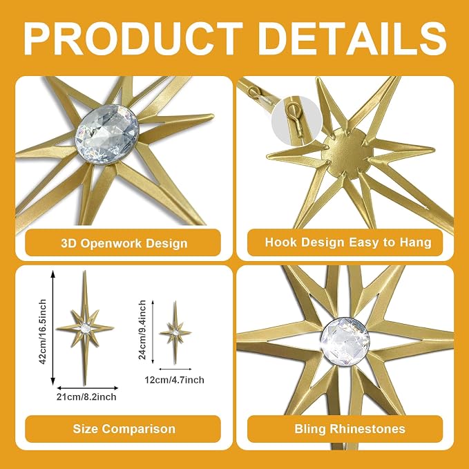 sxnzequnze 4 Pcs Star Wall Art for Home Decor Living Room Bedroom Office Metal 3D,Bling,with Hanging Hook Starburst Midcentury Sculpture Retro Gallery Accent Celestial -Gold 16.5in/9.4in