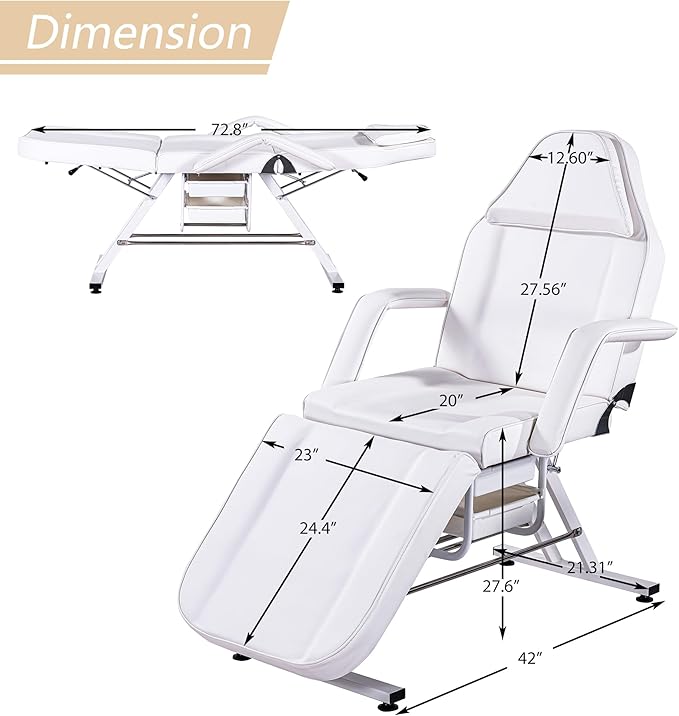 Massage Bed Tattoo Chair Massage Salon with Two Trays,Esthetician Table with Hydraulic Stool,Multi-Purpose 3-Section Facial Bed Table, Adjustable Beauty Barber Spa Beauty Equipment White
