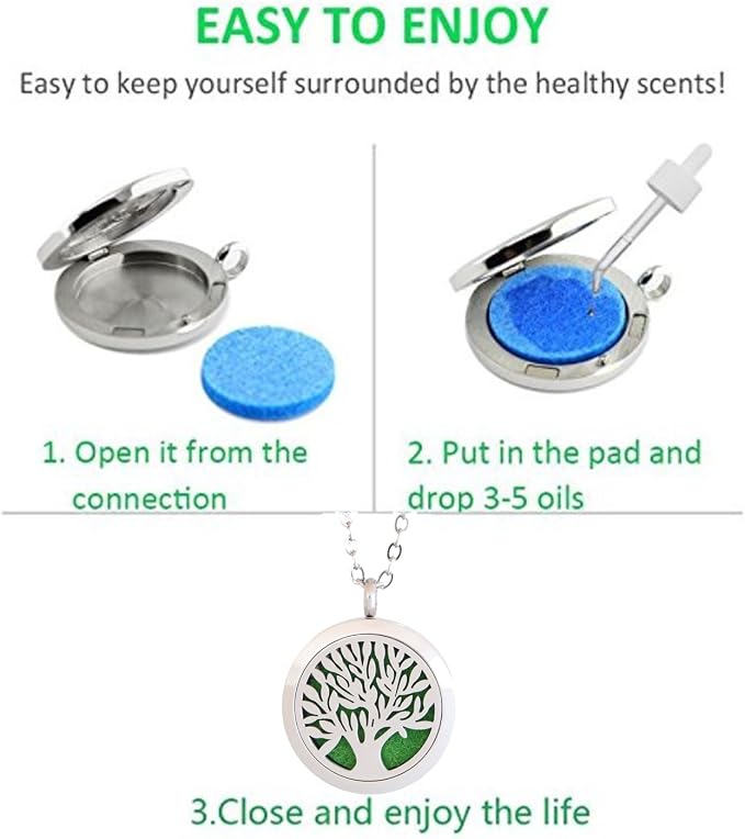 Aromatherapy Essential Oil Diffuser Stainless Steel 30MM Silver Magnetic Locket Pendant with Chain Necklace and Colored Refill Pads & Diffuser Bracelet All in a Velvet Bag (Tree of Life)