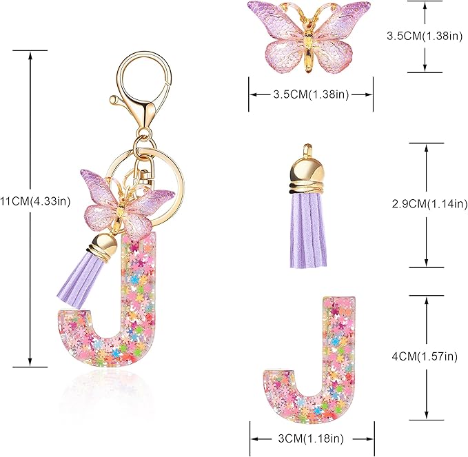 Fashion Alphabet Initial Letter Keychain Tassel Butterfly Pendant Key Ring for Purse Handbags Women Girl