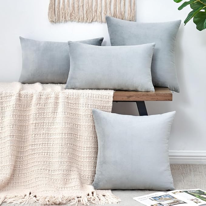 Throw Pillow Covers Grey Decorative Velvet Set of 2 18x18 Inch Pillow Covers, Soft Neutral Gray Pillowcases for Couch Sofa Bed Living Room, Farmhouse Boho Decor, Square Accent Cushion Covers