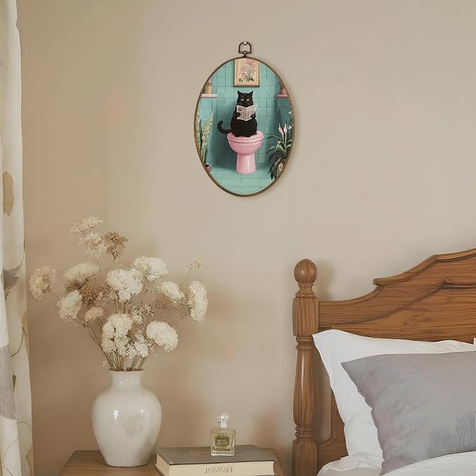 LKETW Funny Black Cat Bathroom Oval Wall Art Decor, Black Kitty Reading Newspaper on Toilet Oval Canvas Hanging Decor, Funny Cat Wall Decorations for Bathroom Restroom Washroom Toilet, 8.6x11.4 Inch