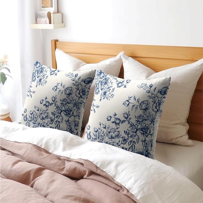 Kawani Chinoiserie Floral Throw Pillow Covers 18x18 Set of 2, Vintage Blue White Chic Flower Square Pillowcase Cotton Linen Cushion Case for Couch Sofa Bed Porch Outdoor Home Decor
