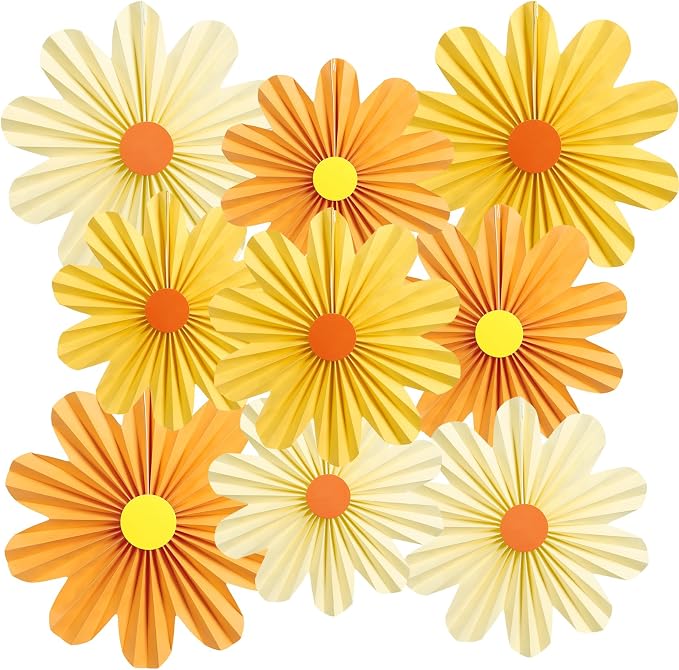 SUNBEAUTY Orange Paper Flowers Decorations for Wall Paper Fans Daisy Decoration for Women Birthday Spring Easter Wedding Garden Tea Party Baby Shower Decor Set of 9