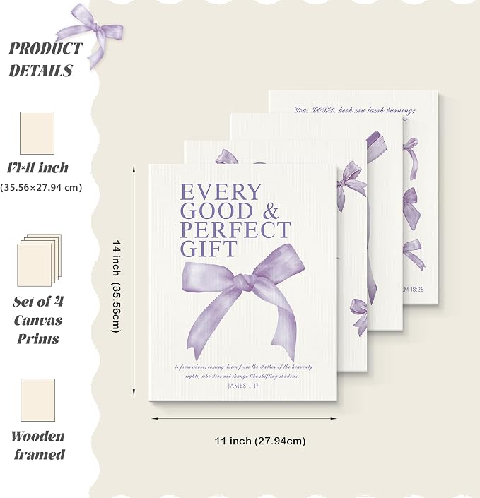 LARTSFRO Coquette Purple Bow Canvas Wall Art Decor Prints Posters, Purple Bow Room Bedroom Bathroom Dorm Wall Art Decor Aesthetic for College Teen Girls Gifts, Inspirational Bible Verses Bow Wall Decor, 11x14 Inch Set of 4 Pcs Bow Pictures (Canvas Fram...