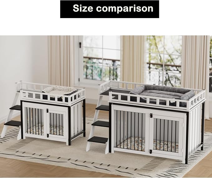 PakaLife Loft-Style Dog Crate Furniture with Double Doors, Heavy Duty Dog Kennel Indoor for Medium and Large Dogs, Wooden Pet House with Multi-Purpose Blanket and Fluffy Dog Bed