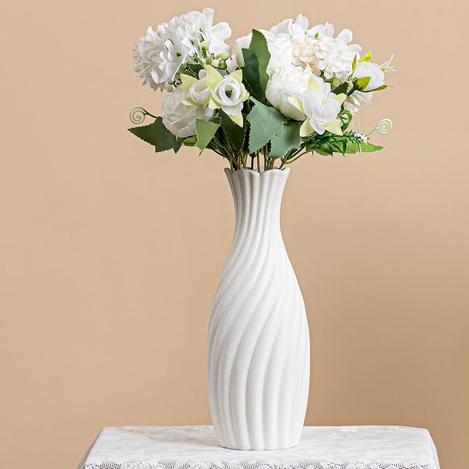 White Ceramic Vase with Swirl Texture - 10" Unique Flower Vase for Pampas Grass & Centerpieces, Decorative Boho/Farmhouse Vase for Living Room, Office Desk & Housewarming Gift (for Her/Yourself)