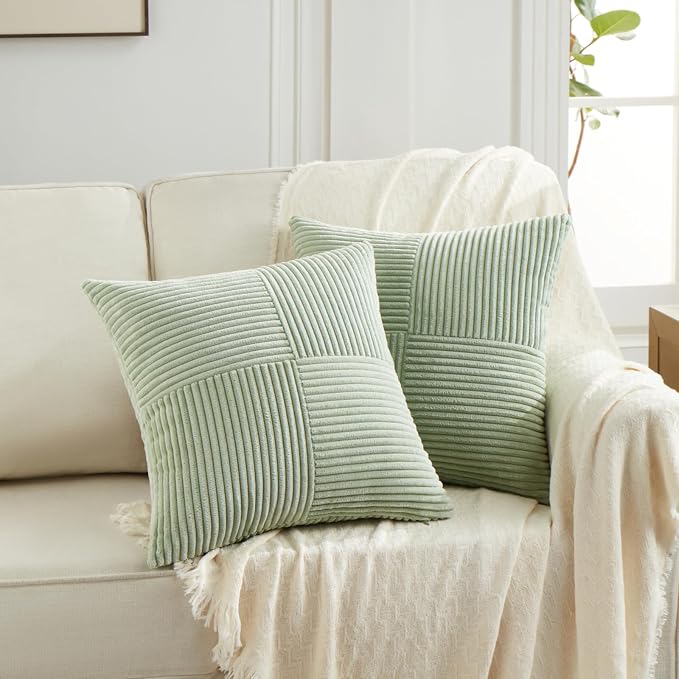 Fancy Homi Set of 1 Sage Green Square Decorative Throw Pillow Covers 14x14 Inch for Living Room Bedroom Couch Bed Sofa, Soft Striped Corduroy Modern Rectangle Accent Cushion Case 35x35 cm