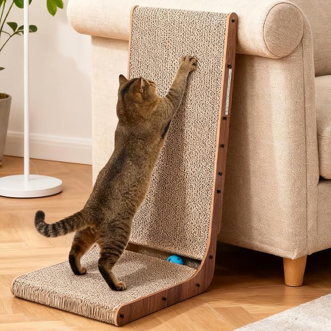 Simple Delxue Simple Deluxe Cardboard Cat Scratcher with Cat Toys Ball Track, 24 Inches L-Shaped Scratch Pad, Cardboard Lounge Bed, Stable and Durable, Furniture Protector, Reversible