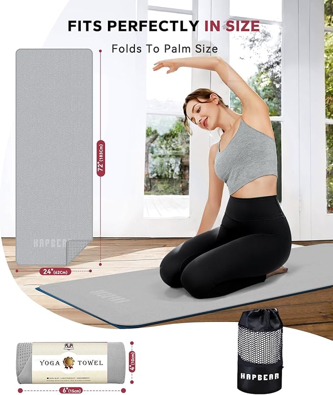 HAPBEAR Hot Yoga Towel with Non-Slip Grip Dots, 72" x 24" - Super Absorbent, Soft Microfiber Yoga Mat Towel for Bikram, Gym, Pilates - Grey