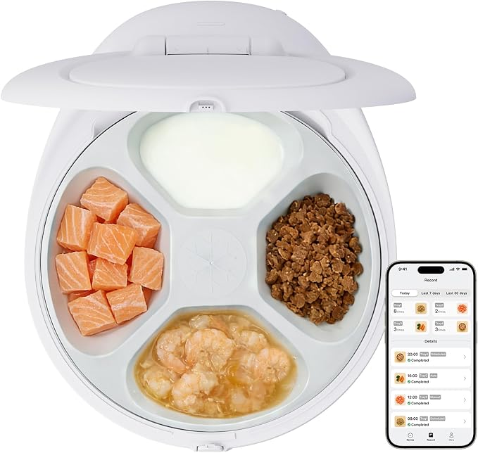 UBPET Smart Automatic Cat Feeder with Cooling & Heating, APP Control Dual-Temp Feeder for Wet/Dry/Raw Food, 24H Freshness, 4-Grid Tray, Anti-Pinch for Cats & Small Dogs (2-10kg)