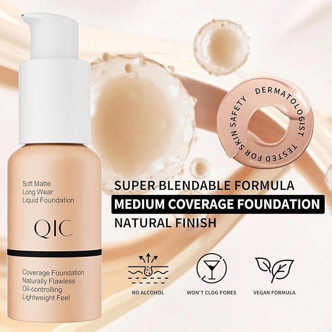 Liquid Foundation Makeup, Full Coverage Foundation + Matte Foundation Face Makeup for Evens Skin Tone Cruelty-Free Natural Finish 1 Fl Oz (Buff beige)