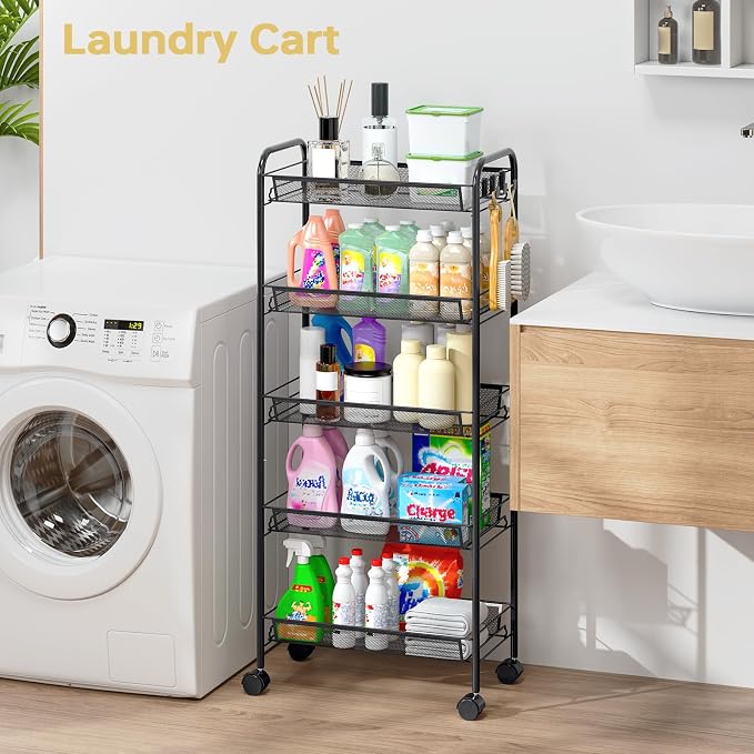 TOOLF 5 Tier Rolling Cart, Metal Utility Storage Cart with Wheels, Black | 3 Hooks, Screwless Assembly, Trolley Organizer for Bathroom, Kitchen, Office, Nursery, Dorm, Laundry Room