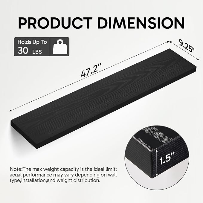BAYKA Black Floating Shelves 47.2in, Set of 2, Wall Mount Rustic Wood Shelf | Easy Install, 30lbs Max Load, Hidden Bracket, for Bathroom Bedroom Coffee Bar Book Storage Decor, Multi-Wall Compatible