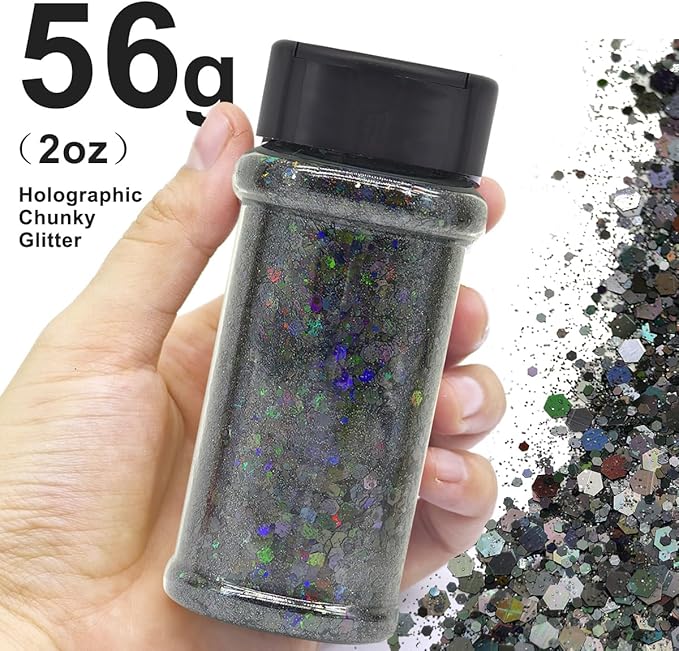 Black - Craft Glitter - 2oz Glitter Shaker Bright Colorful Holographic Mix Chunky Body Glitter Bulk Wholesale 24 Colors in Shaker Cosmetic Glitter - EBLB1000