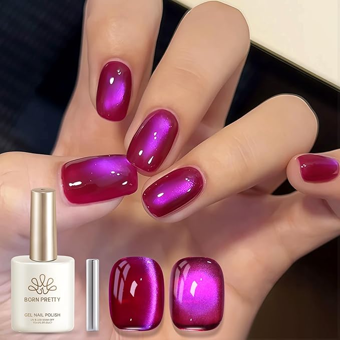 Born Pretty Burgundy Purple Cat Magnetic Eye Gel Polish,2026 Spring Summer Fruit Dark Burgundy Holographic Glitter Shimmer Translucent Magnetic Gel Polish with Purple Powder