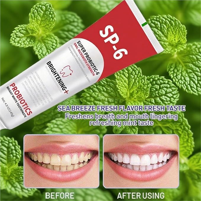 SP-6 Probiotic Whitening Toothpaste, a Fluoride Free Toothpaste for Cleaning Teeth, Keeps Gums White and Healthy, with a Mint Flavor and Fresh Breath