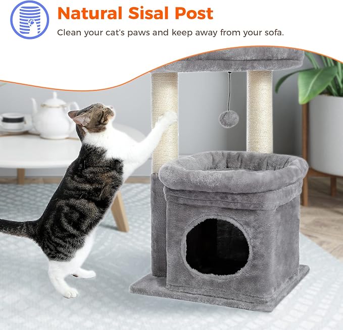 PEQULTI Indoor Cat Tree Tower Small Cats, Sisal Post & Cozy Condo, Grey | Private soft cat condo, soft top perch, natural sisal scratch posts, plush pom-pom toy for indoor kitties