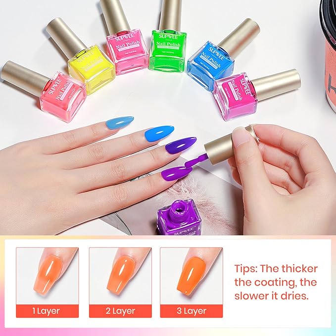 Bright Neon Nail Polish Set, Summer Rainbow Quick Dry Regular Bulk Nail polish Non Gel, Air Fast Drying Fingernail Lacquer for Women Girls Manicure Salon DIY Home