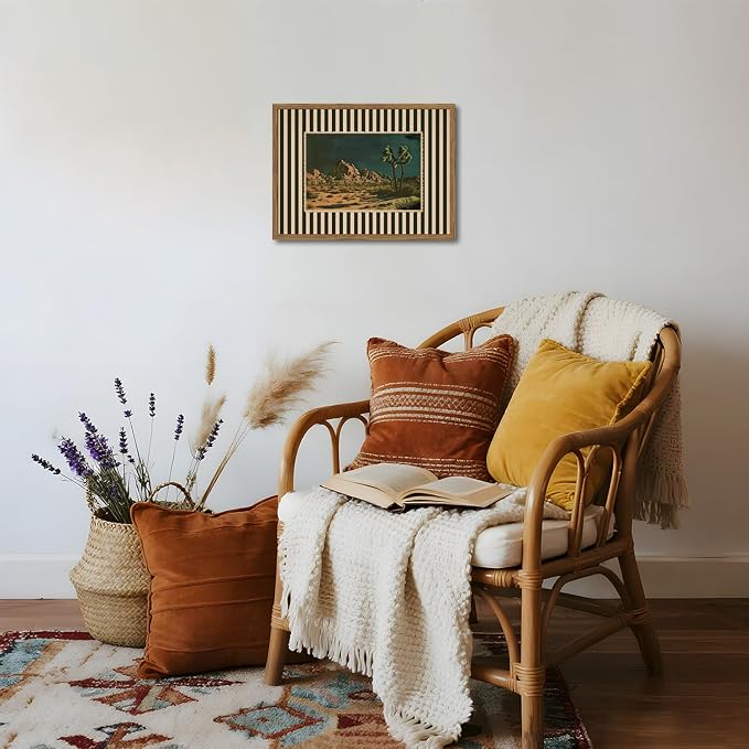 Vintage Western Cactus Wall Art, Southwestern Night Desert Wall Decor Paintings Mid Century Nature Striped Landscape Canvas Prints Artwork for for Living Room Bedroom 12x16 inch Framed