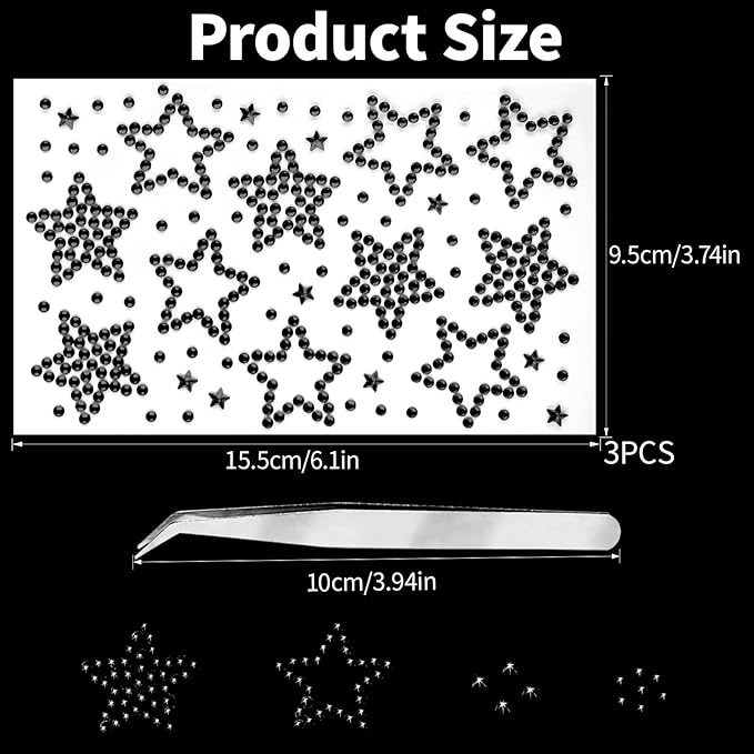 3Sheets Star Gem Stickers Jewels for Crafts, Face Makeup - Self Adhesive Rhinestone Jewel Stickers, Stick on Gems Rhinestones for Crafts, Craft Supplies for Kids (16.Black Star)