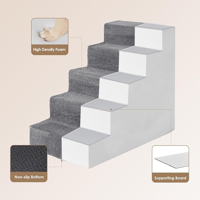 EHEYCIGA Dog Stairs for High Bed 22.5" H, 5-Step Dog Steps, Grey | Pet Steps for Small Dogs and Cats for Bed, Non-Slip Balanced Pet Ramp Indoor