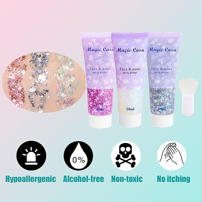 Body Glitter White & Silver & Pink 150ml Face Hair Self Adhesive Gel Accessories Cosmetic Glitter Long Lasting Chunky Sequins Glitters for Eye Lip Nails Gel Festival Rave