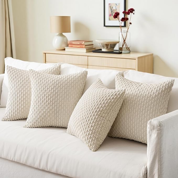 MIULEE Beige Decorative Throw Pillow Covers for Couch Living Room 18x18 Inch Soft Pillow Cases Set of 4 Boho Striped Corduroy Farmhouse Cushion Covers Home Decor for Sofa Bed