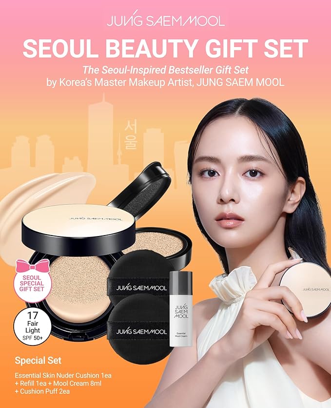 JUNG SAEM MOOL Essential Skin Nuder Cushion | Natural Finish, Buildable Coverage Cushion Foundation by Korean Makeup Artist (Refill Included, SPF 50 | Gift Set with Mool Cream & Puff), 17 Fair Light