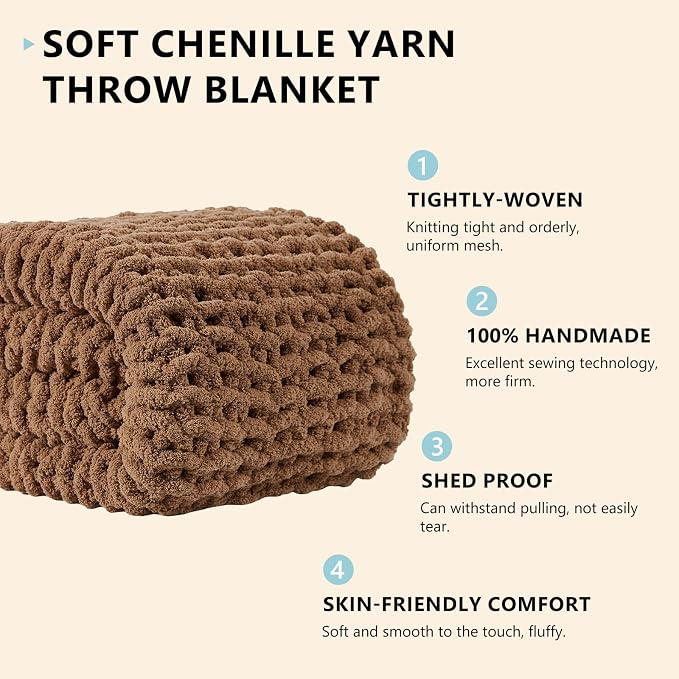 L'AGRATY Chunky Knit Throw Blanket for Couch, 60'' x 80'' Knit Throw, Brown | Handmade Chenille Crochet Blanket for Sofa Bed, Thick Cable Knitted Blankets for Room Home Decor, Birthday Gift for Women Mom