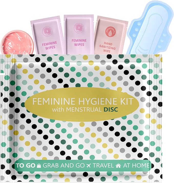Menstrual Disc Kit with Pad – Single Pack | Convenient On-the-Go Period Essentials | Includes Pads, Feminine Wipes, and Hand Wipe for Complete Hygiene Care (Polka Dots)