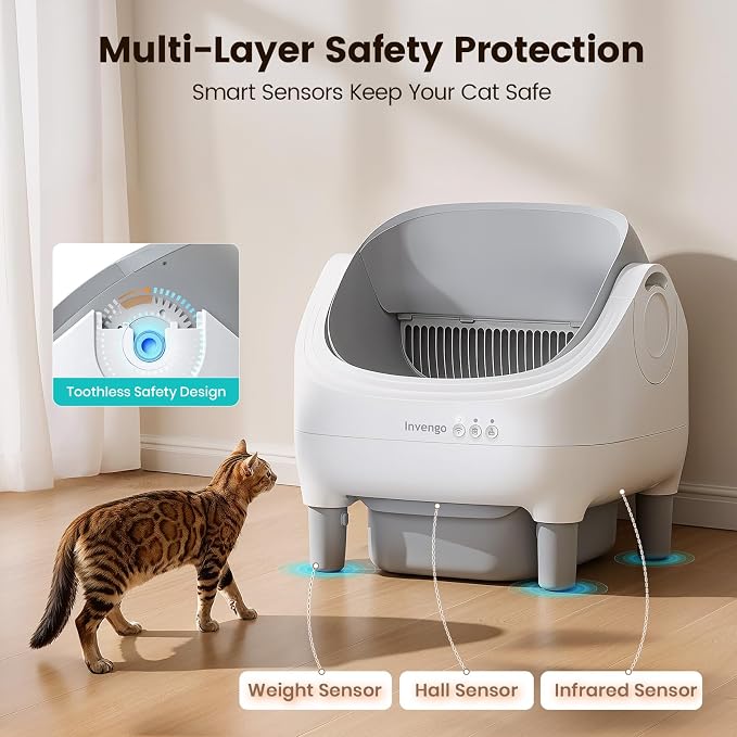 Invengo Automatic Cat Litter Box Self Cleaning, App Control, Open-Top Automatic Litter Box with Safety Sensors, Ultra-Quiet, 10.5L Waste Bin with Odor Control, 2 Rolls of Garbage Bags, Slate Gray