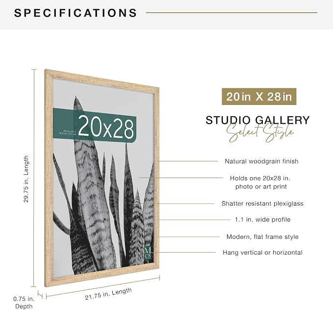 MCS Studio Gallery 20x28 Poster Frame Natural Woodgrain Engineered Wood, Vertical & Horizontal Wall Hanging Large Picture Frame for Photos, Posters & Art Prints (1-Pack)