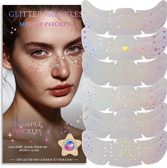 Glitter freckles, Holographic Face and Body Glitter Rave Outfits Fairy Makeup Kit Tattoo Sparkle for Women Gold Glow Cosmetic Star Makeup Accessories for Festival Rave