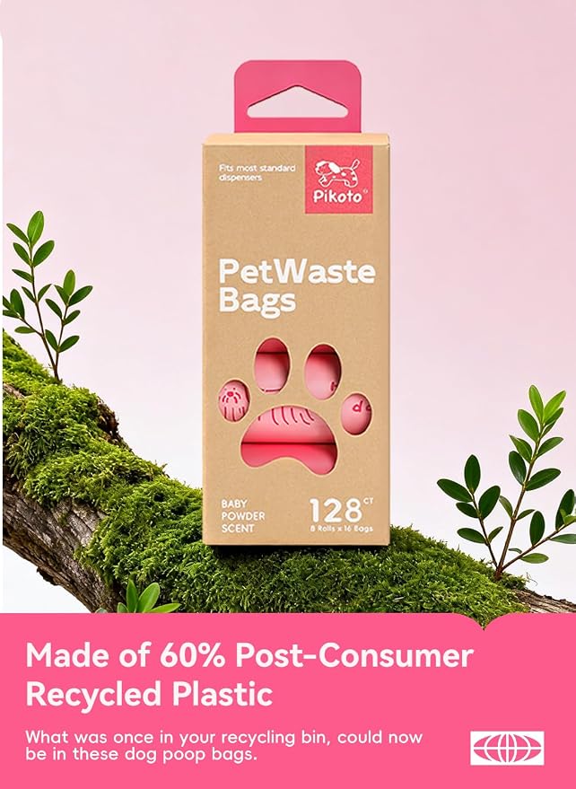 Dog Poop Bags, 128 Count, Baby Powder Scented, Pink | Baby Powder Scented, Extra Thick, 60% Recycled Plastic, Easy-Peel Sticker, 16 Bags Per Roll, Dual Pink Designs