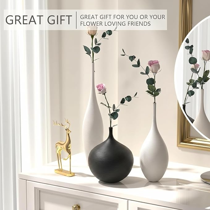 Relexome White Ceramic Vase Modern Wabi-Sabi Black Flower Vase Set of 3 Decorative Aesthetic Vases for Centerpieces Pampas Matte Minimalist Vases for Living Room Table Shelf Home Decor Gift