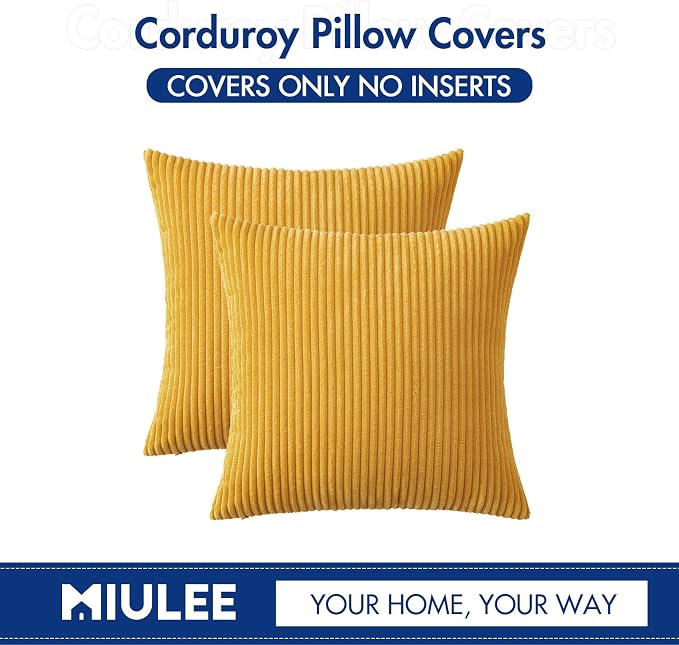 MIULEE Soft Corduroy Throw Pillow Covers Set of 2 16x16 Mustard Yellow | Decorative Striped Textured Cushion Cases, Boho Rustic Square Pillowcases, Home Decor for Couch Chair Sofa Bed Living Room