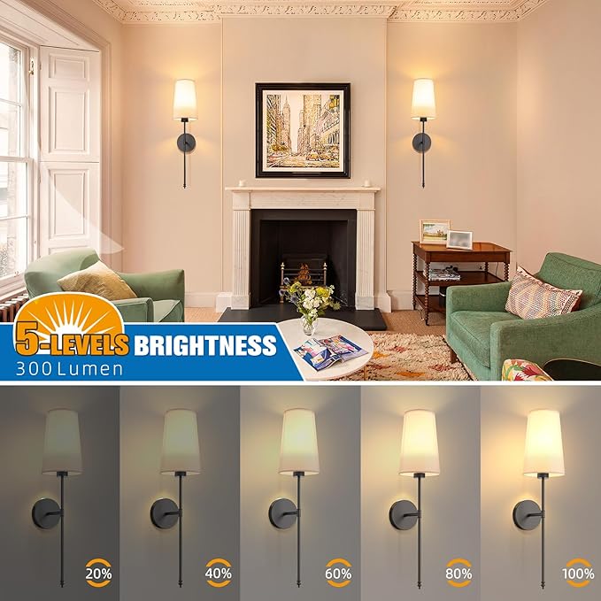 Black Battery Operated Wall Sconce Set of 2,Rechargeable Wall Lights with 10400mAh Dimmable Detachable Bulbs and Remote,9 Colors Wireless Sconces for Bedroom Living Room Hallway