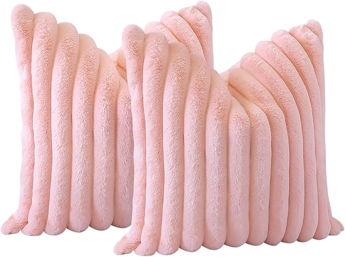 Soleebee Set of 2 Throw Pillow Covers Soft Cozy Velvet Pillowcase Faux Rabbit Fur Cover for Couch Sofa Bed Chair Home Decorative Pillows Cover (16x16 Inch, Pink)