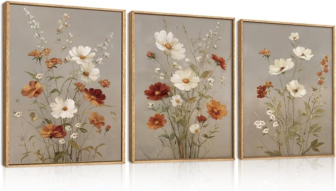 BINCUE Vintage Flower Wall Art Canvas Rustic Wildflower Artwork Neutral Botanical Wall Decor Framed Mid Century Floral Painting Farmhouse Daisy Prints for Living Room Bedroom Office 12"Lx16"W Set of 3