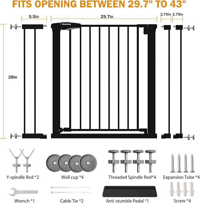 Mumeasy 29.7-43" Baby Gate for Stairs & Doorways, Pressure Mounted Dog Gate