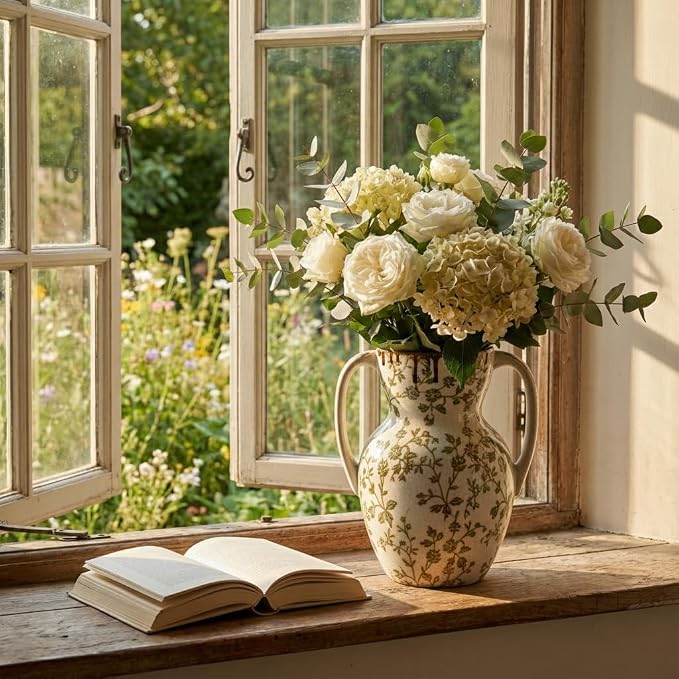 Emotionally Grounded Vase, Vaseking Large Ceramic Rustic Vase with 2 Handles, 8.3 inch Green and Beige Decorative Farmhouse Tall Vases for Home Decor, Living Room, Enterway, Table Decoration