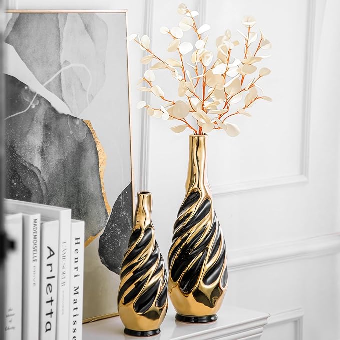 Yundu Gold with Black Vase Set of 2 | Pampas Grass Vase, Ceramic, Boho & Modern Centerpieces, Living Room Decor