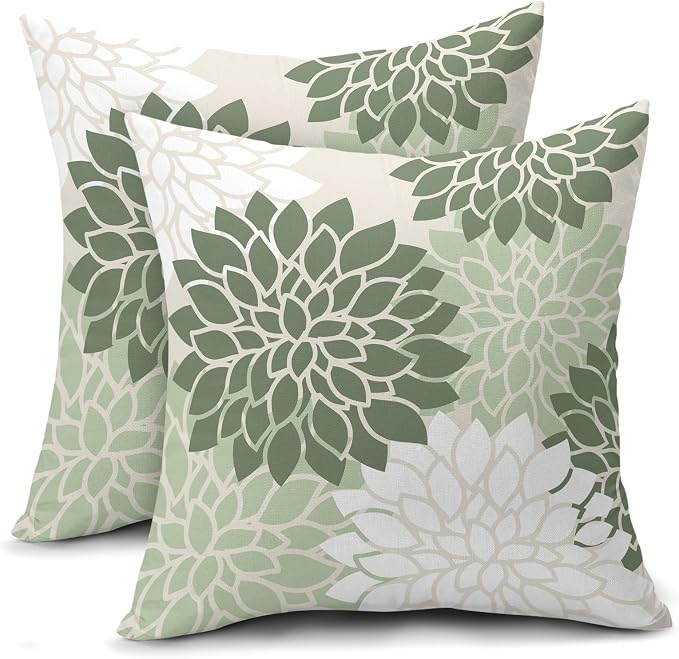 Sage Green White Floral Pillow Covers 16X16 Inch Set of 2 Geometric Dahlia Flower Decorative Pillow Cases Modern Cotton Linen Cushion Case Farmhouse Home Decor for Sofa Couch Bedroom